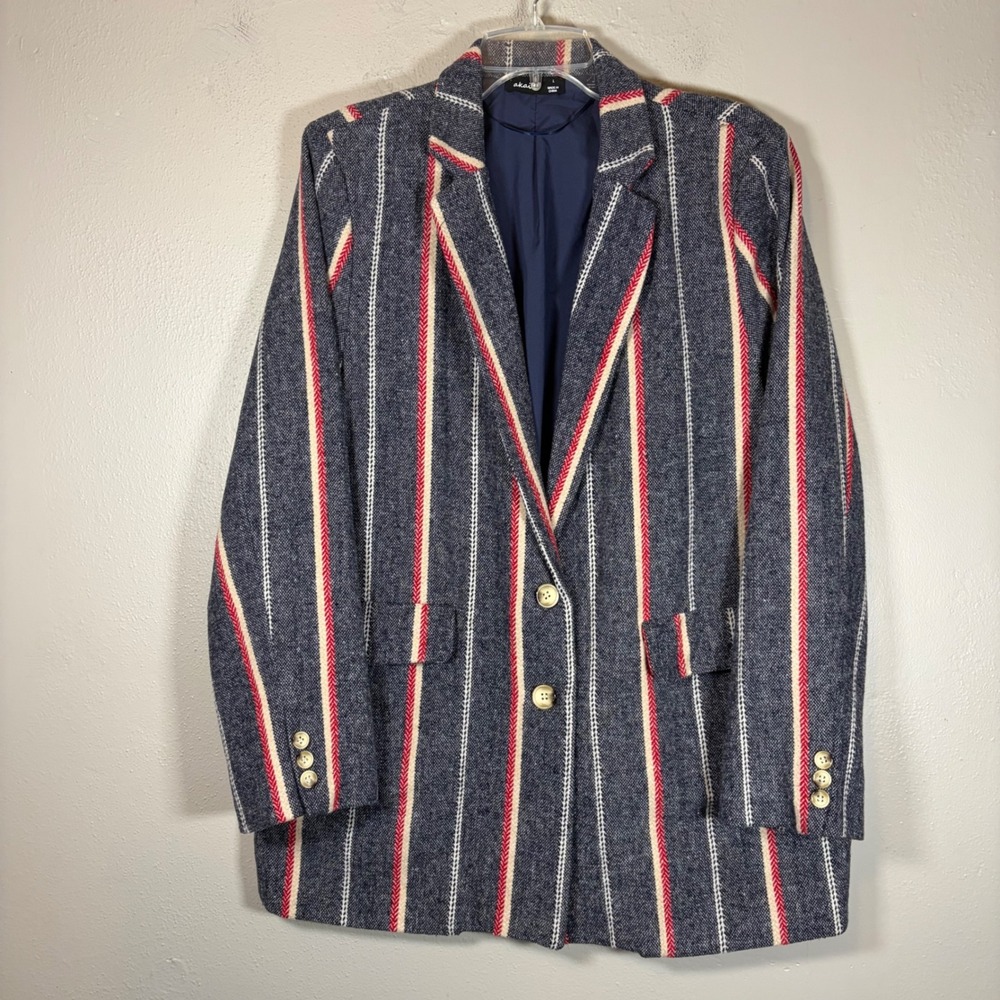 Akair Anthropologie Striped Blazer Jacket Womens L Navy Blue Red Wool Blend